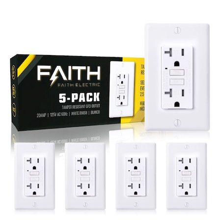 Faith 20A GFCI Outlets Slim, Duplex Receptacles with LED Indicator, Self-Test, White, 5PK GLS-20ATR-WH-05